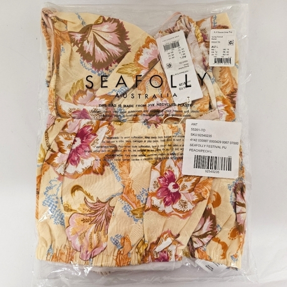 Seafolly Puff Sleeve Linen Crop Top in Peach Floral Size Large NWT - Picture 7 of 9